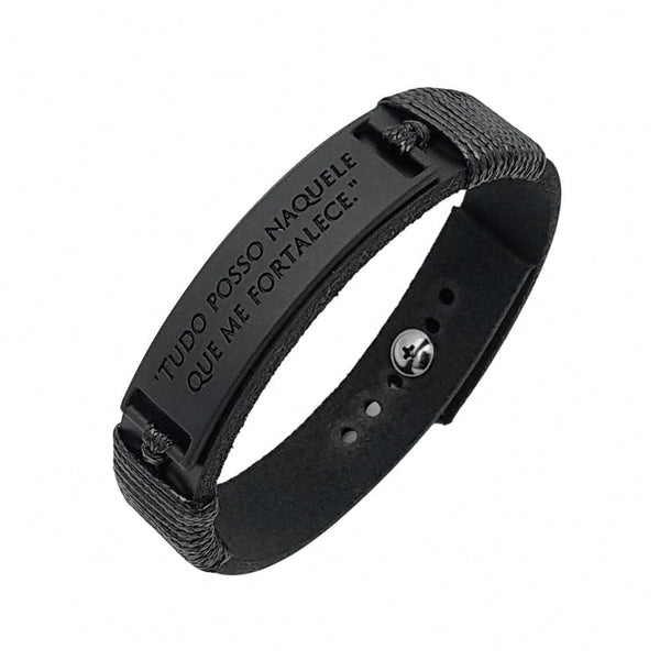 Pulseira Masculina em Couro com Frase Tudo Posso 