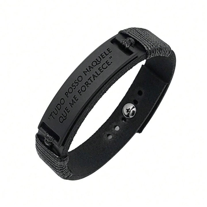 Pulseira Masculina em Couro com Frase Tudo Posso 