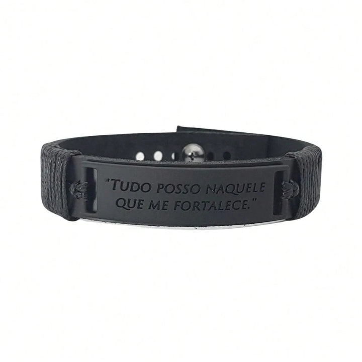 Pulseira Masculina em Couro com Frase Tudo Posso 