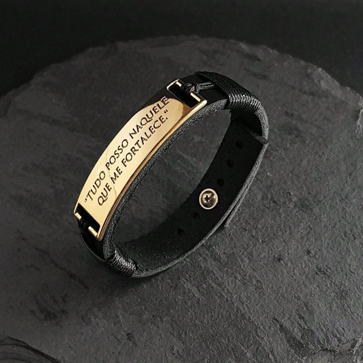 Pulseira Masculina em Couro Tudo Posso Ajustável