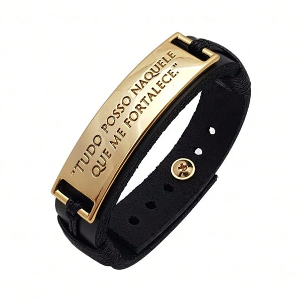Pulseira Masculina em Couro Tudo Posso Ajustável