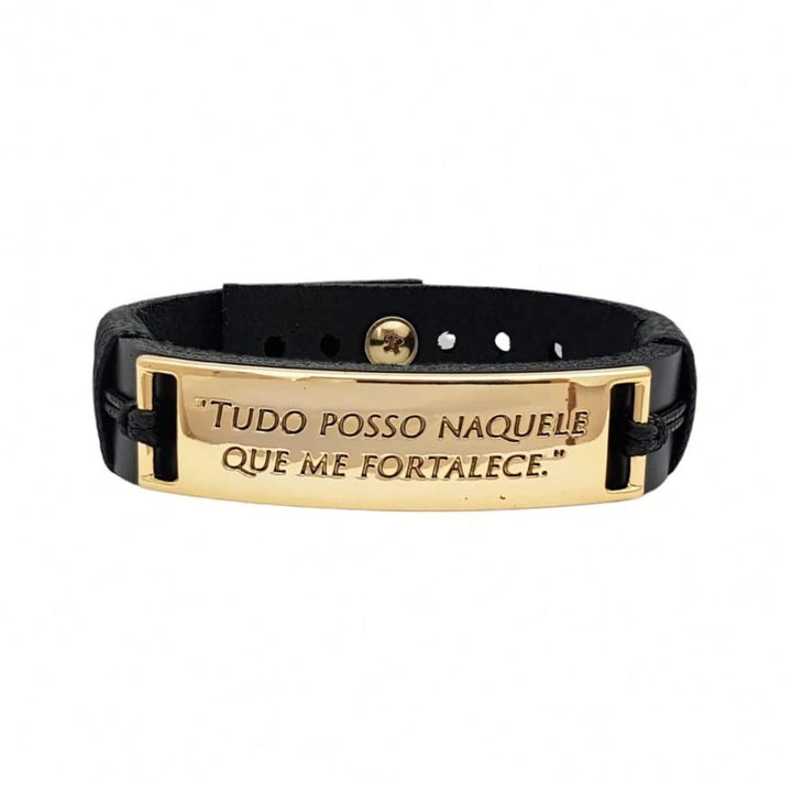 Pulseira Masculina em Couro Tudo Posso Ajustável