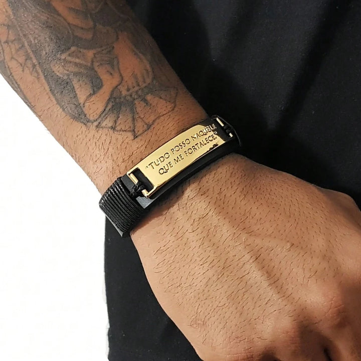 Pulseira Masculina em Couro Tudo Posso Ajustável