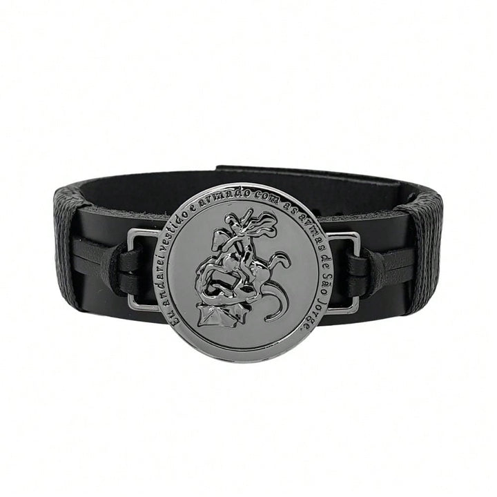 Pulseira Masculina em Couro com Pingente de São Jorge Ajustável