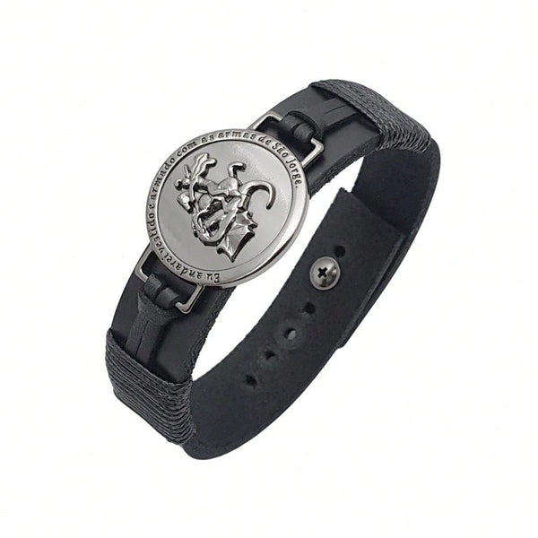 Pulseira Masculina em Couro com Pingente de São Jorge Ajustável