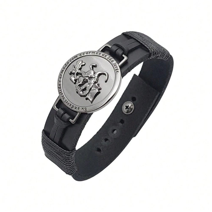 Pulseira Masculina em Couro com Pingente de São Jorge Ajustável