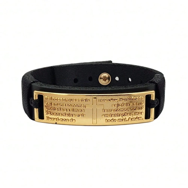 Pulseira Masculina em Couro Legitimo com Pai Nosso Banhado a ouro 18k