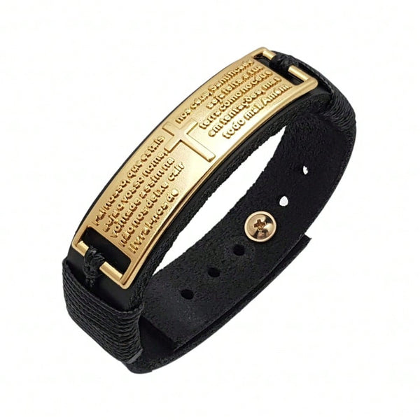 Pulseira Masculina em Couro Legitimo com Pai Nosso Banhado a ouro 18k