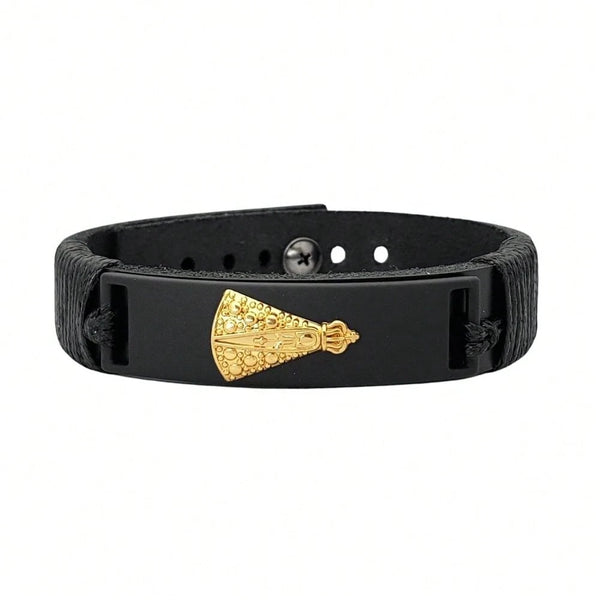 Pulseira Masculina em Couro Legitimo com Pingente de Nossa Senhora Aparecida Banhado a Ouro 18K 