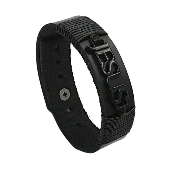 Pulseira Masculina em Couro Nome Jesus Ajustável