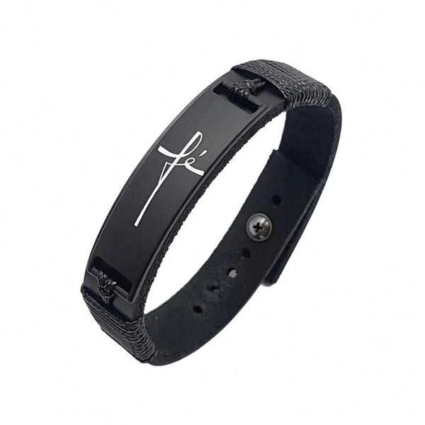 Pulseira Masculina de Couro Legitimo Fé Ajustável