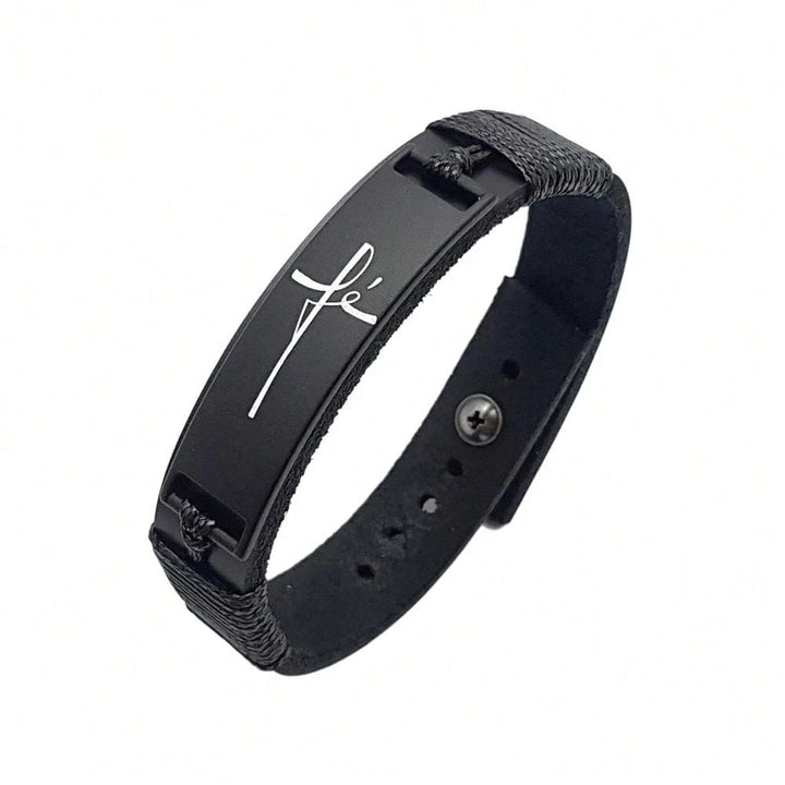 Pulseira Masculina de Couro Legitimo Fé Ajustável