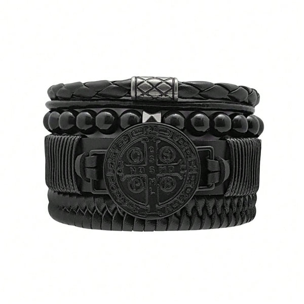 Kit Pulseiras Masculinas em Couro São Bento 4 em 1
