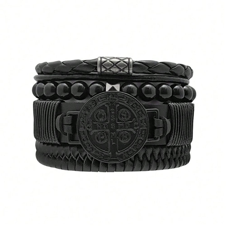 Kit Pulseiras Masculinas em Couro São Bento 4 em 1
