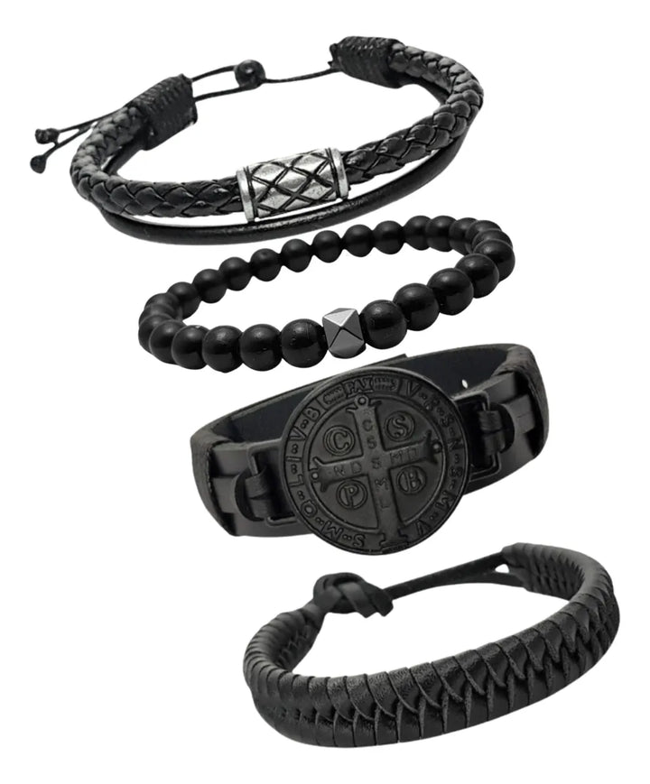 Kit Pulseiras Masculinas em Couro São Bento 4 em 1