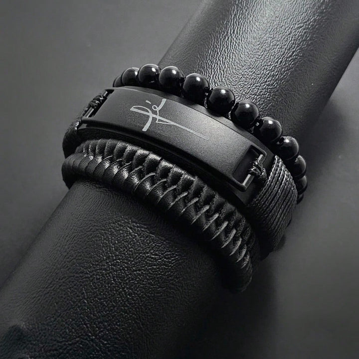 Kit Pulseiras Masculinas em Couro Fé 3 em 1