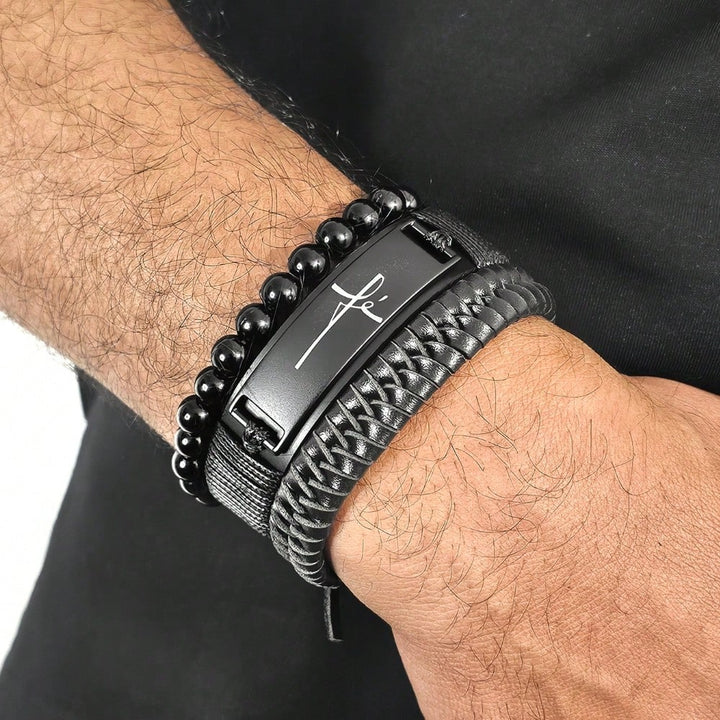 Kit Pulseiras Masculinas em Couro Fé 3 em 1