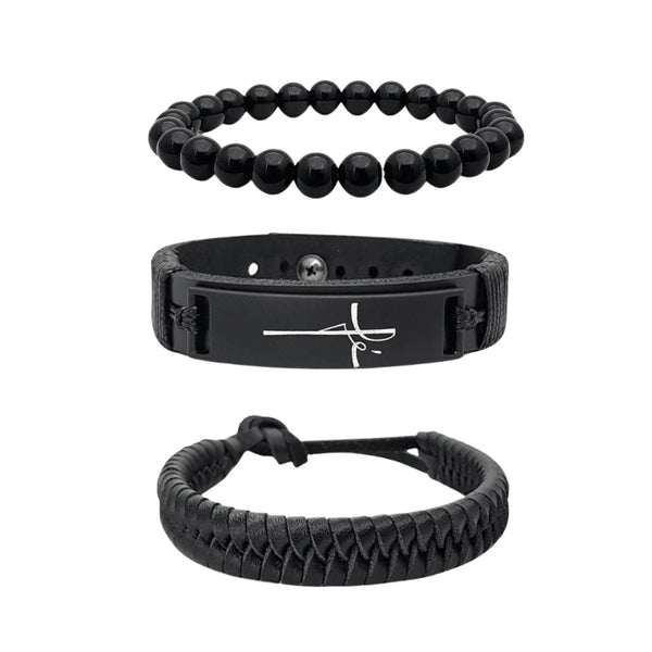 Kit Pulseiras Masculinas em Couro Fé 3 em 1