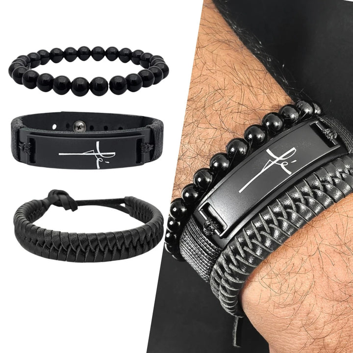 Kit Pulseiras Masculinas em Couro Fé 3 em 1