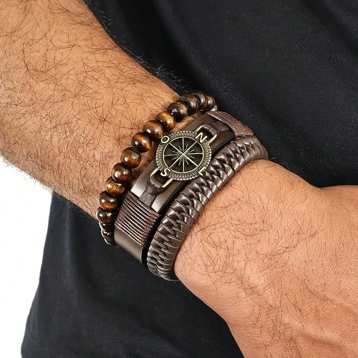 Kit Pulseiras Masculinas em Couro Bússola