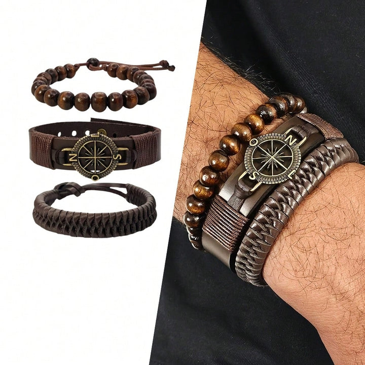 Kit Pulseiras Masculinas em Couro Bússola