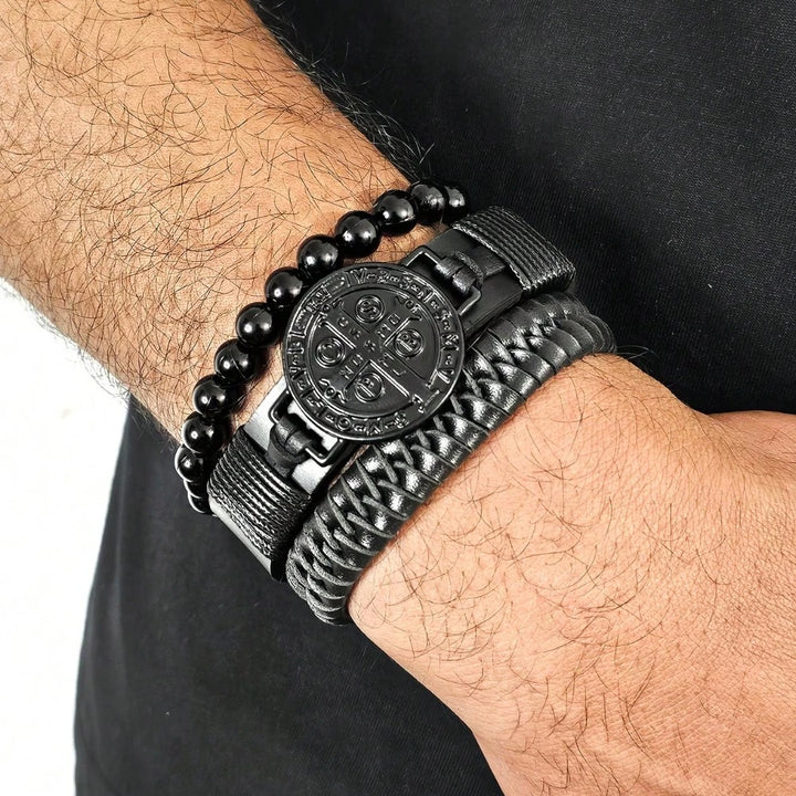 Kit Pulseiras Masculinas em Couro São Bento