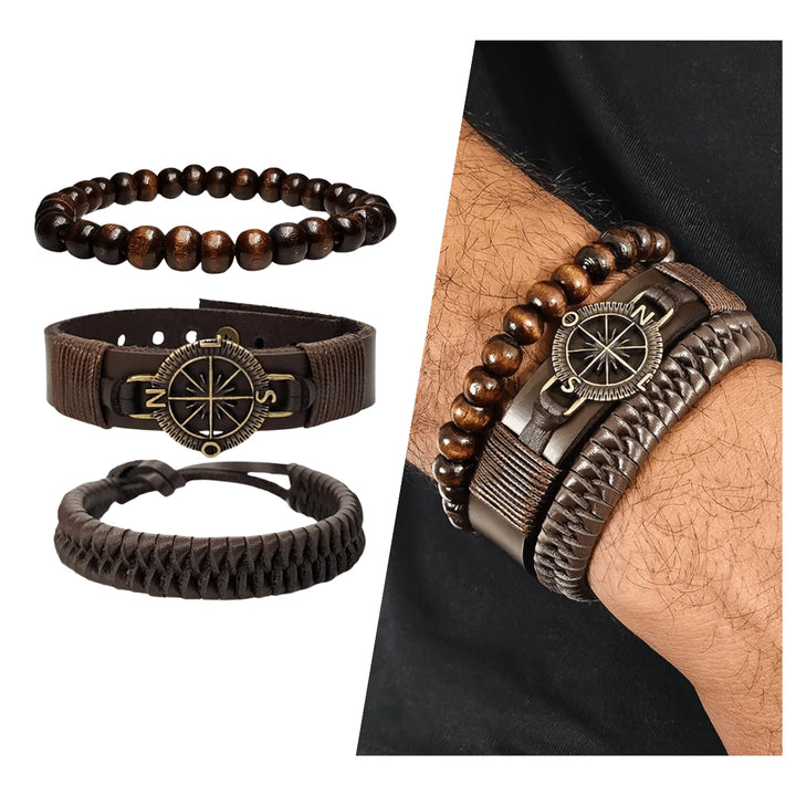 Kit Pulseiras Masculinas em Couro Bússola