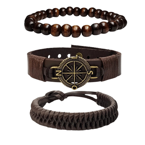 Kit Pulseiras Masculinas em Couro Bússola