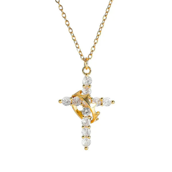 Colar Feminino Cruz e Coroa Banhado a Ouro 18k e Cravejado em Zircônias