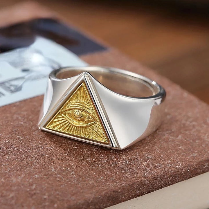  Anel Masculino Olho De Hórus Banhado a Prata 925 e Ouro 18K