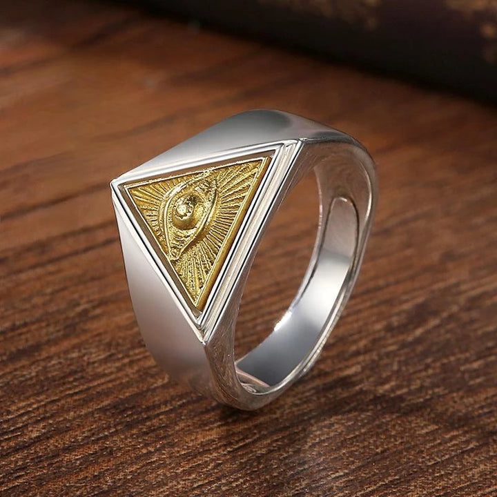  Anel Masculino Olho De Hórus Banhado a Prata 925 e Ouro 18K