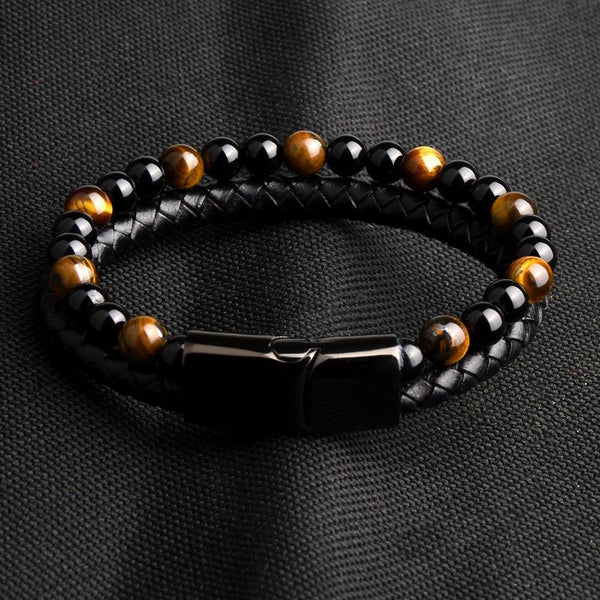 Pulseira Masculina em Couro e Pedras de Ônix - Natur