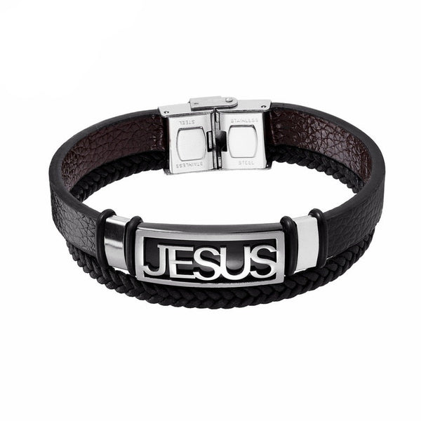 Pulseira Masculina Nome de Jesus - Em Couro e Aço Inoxidável