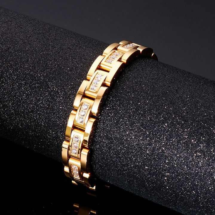 Pulseira de Luxo Masculina Banhada a Ouro com Detalhes em Cristal