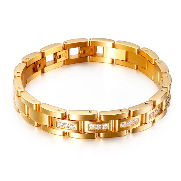 Pulseira de Luxo Masculina Banhada a Ouro com Detalhes em Cristal