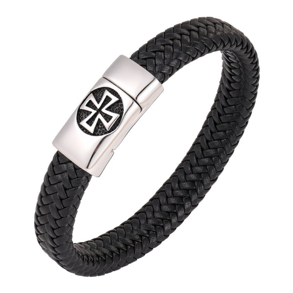 Pulseira Masculina em Couro Cruz de Malta -Templários