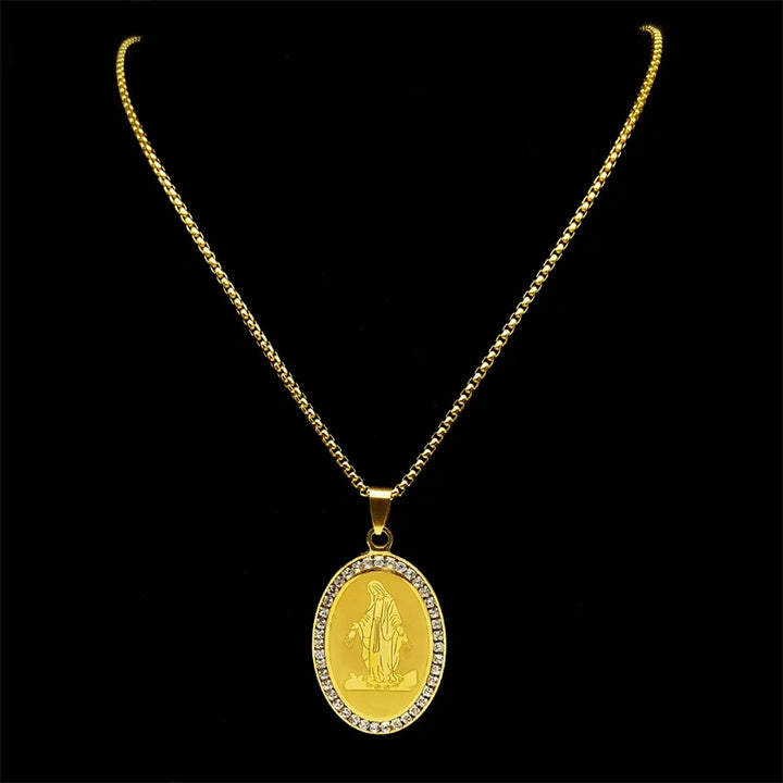 Colar Medalha Nossa Senhora das Graças Banhado a Ouro 18K Cravejado com Cristais de Zircônia