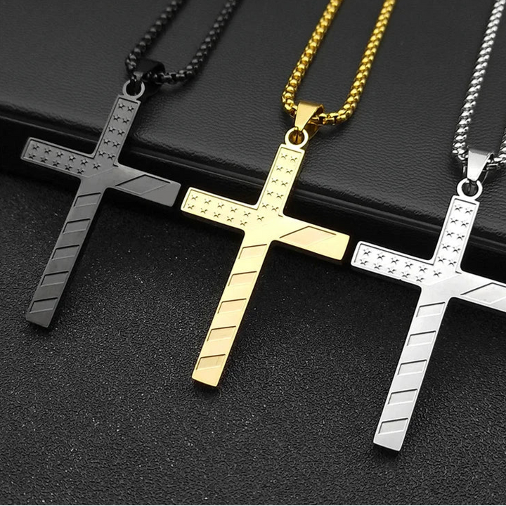 Colar Crucifixo Patriota Americano em Aço Inoxidável