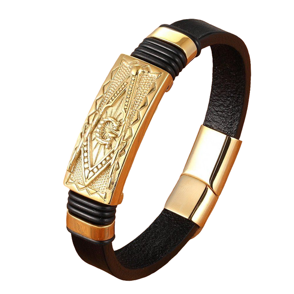 Pulseira Masculina em Couro Maçonaria - Aço Cirúrgico 316L