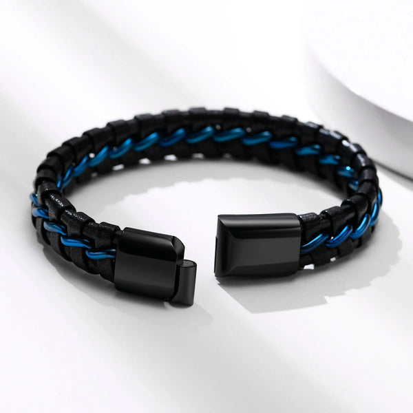 Pulseira Masculina Thunder Blue - Couro + Aço Inox