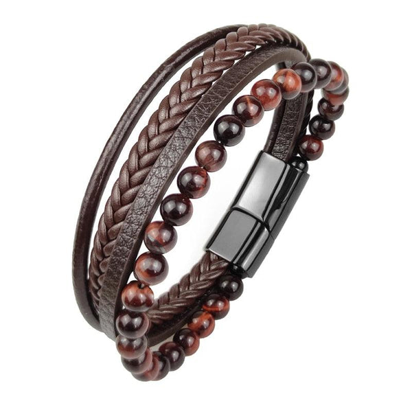 Pulseira Masculina Pedras Onix e Couro