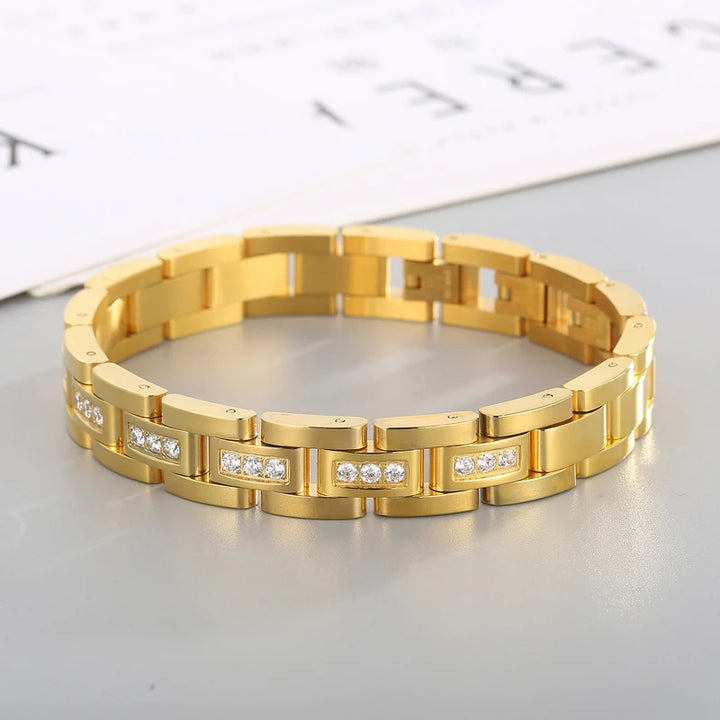 Pulseira de Luxo Masculina Banhada a Ouro com Detalhes em Cristal