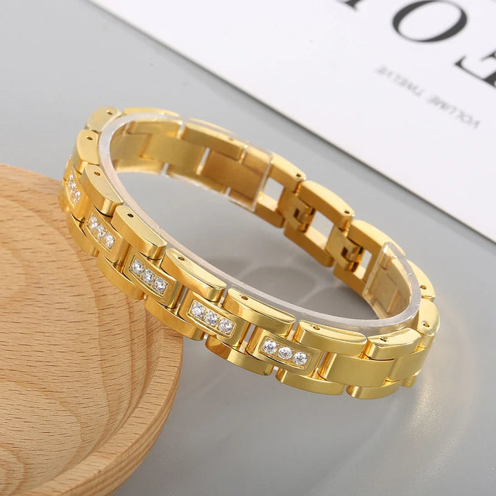 Pulseira de Luxo Masculina Banhada a Ouro com Detalhes em Cristal